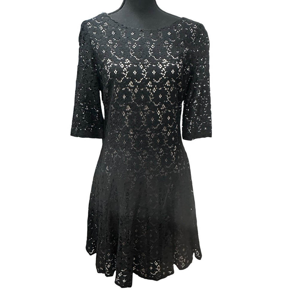 Betsy Johnson Black Lace Dress Petticoat Illusion Cocktail Dress 3/4  Size 12‎